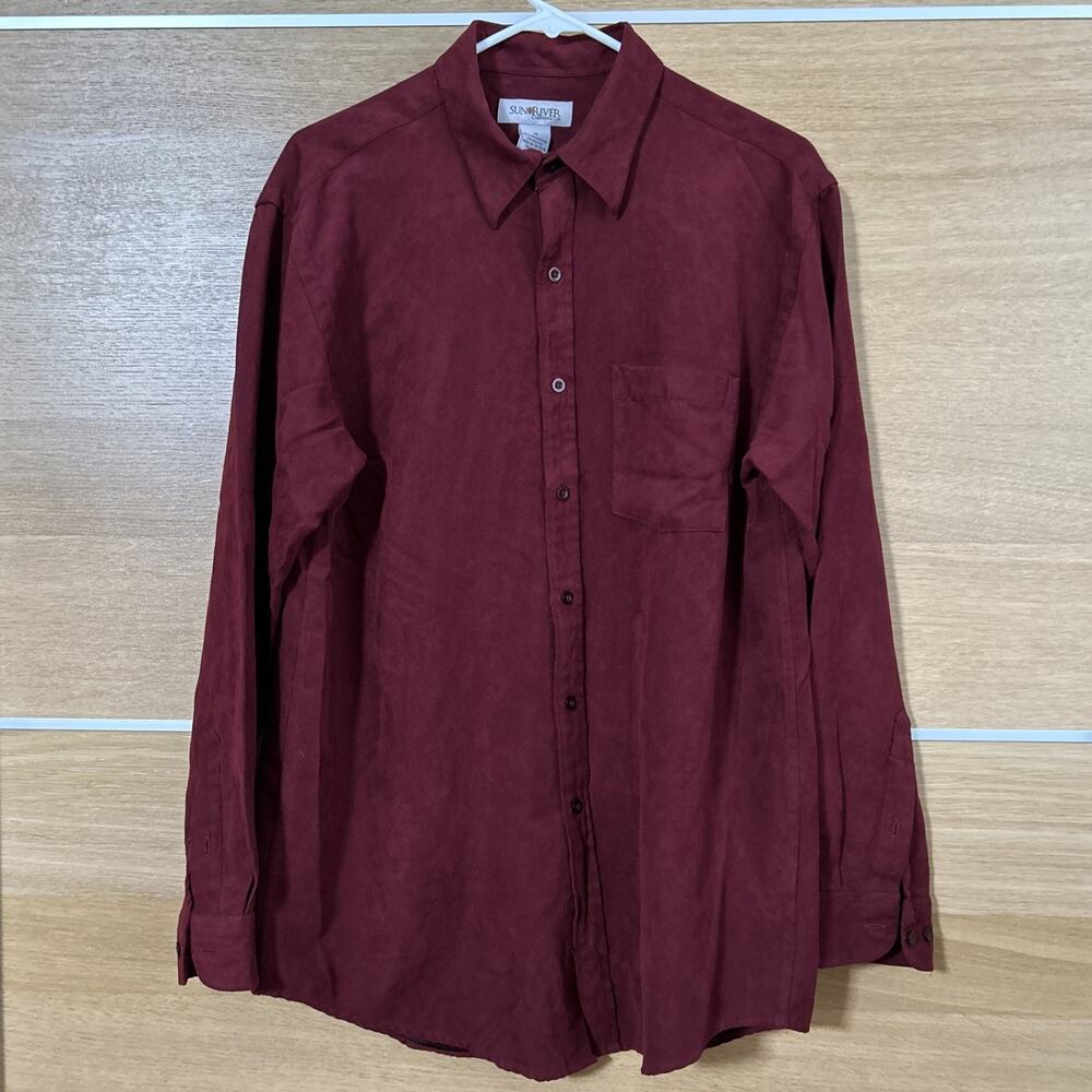 Sun River faux Suede Men's Sz Medium long sleeve Button-Down Shirt merlot red